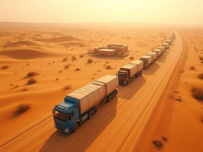 रेगिस्तान में लॉजिस्टिक्स संचालन का विहंगम दृश्य, किरण सागर के संस्थापक पृष्ठभूमि में.